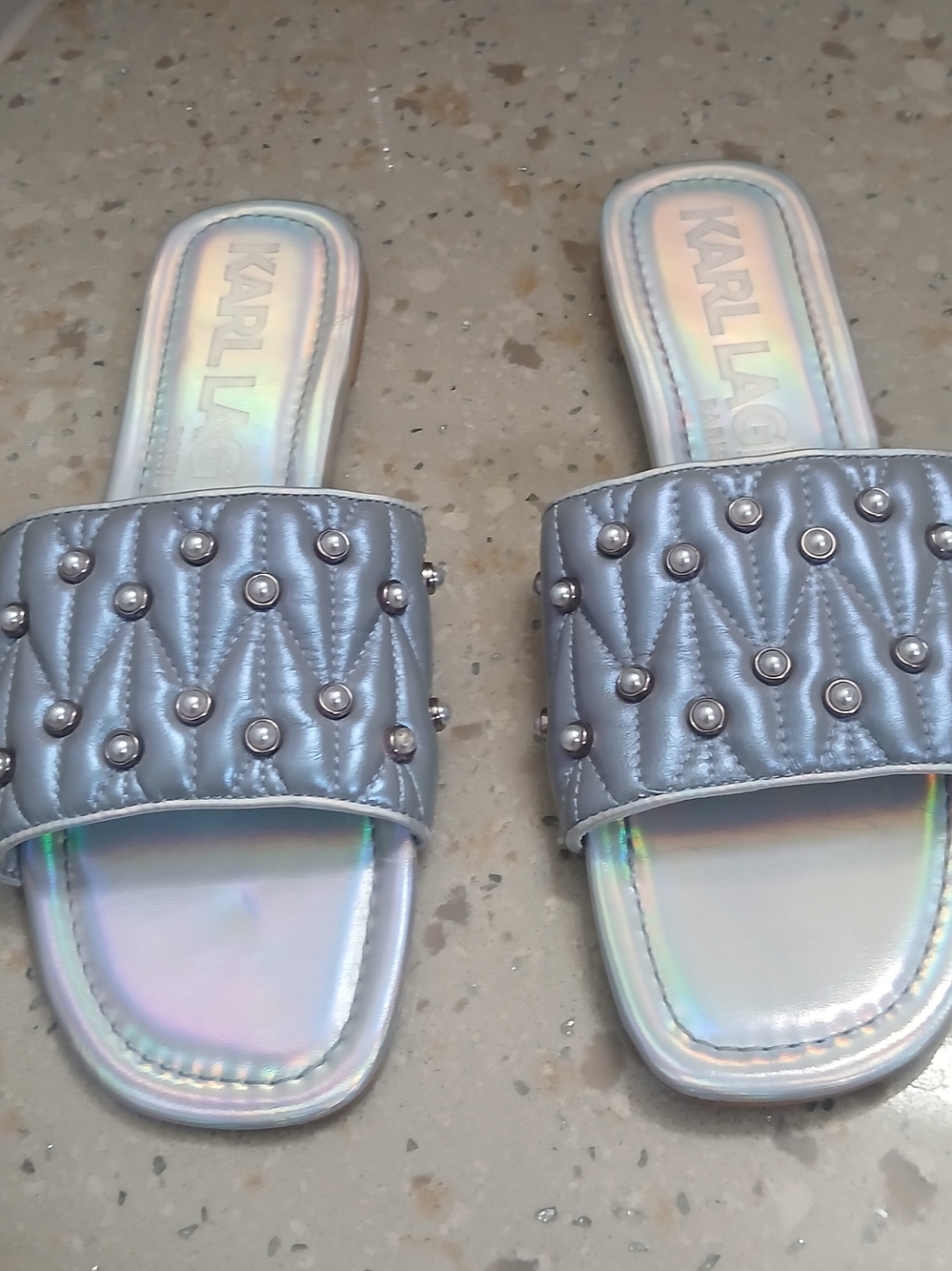 Karl Lagerfeld Madyson Pearl Silver Slide Sandals with Pearl Studs Size 10M